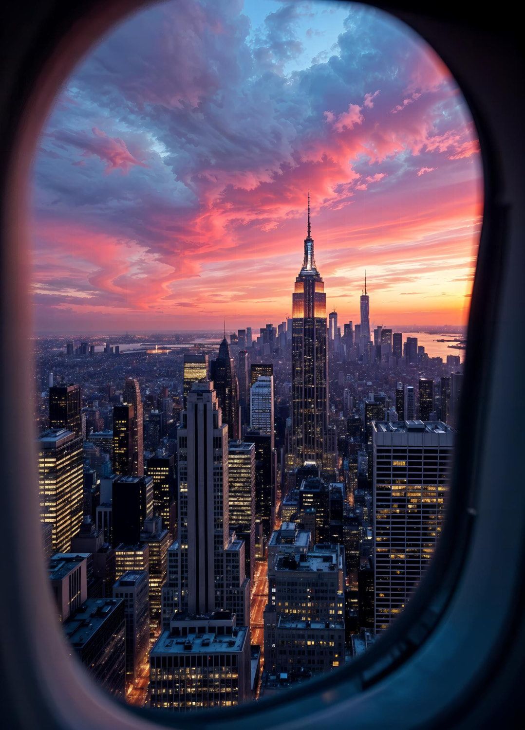 Aircraft on approach over a glittering city at dusk
